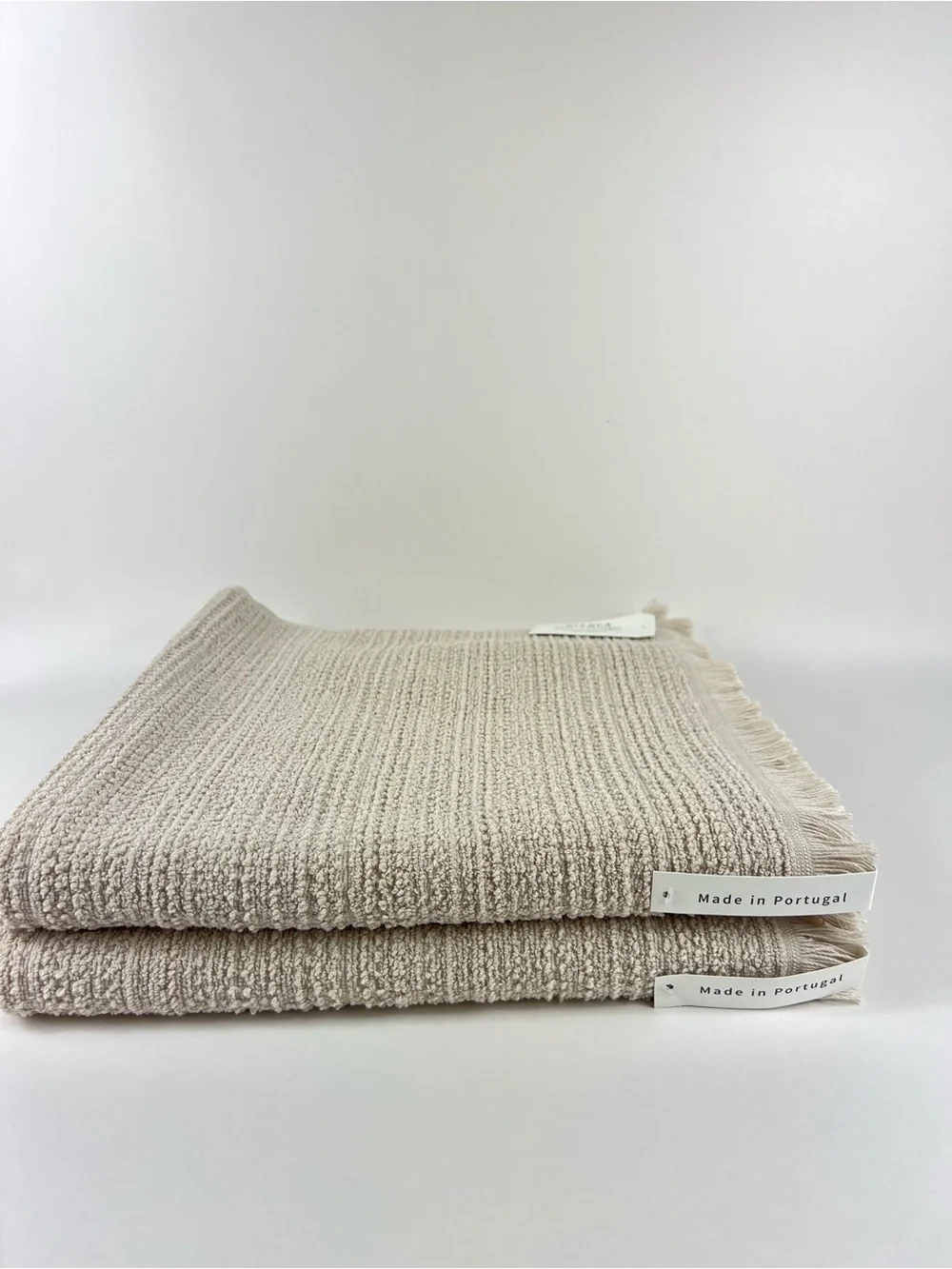 Bianca Bath Towel Set Tan with Fringe Textured Cotton Made in Portugal 2 Pc NEW
